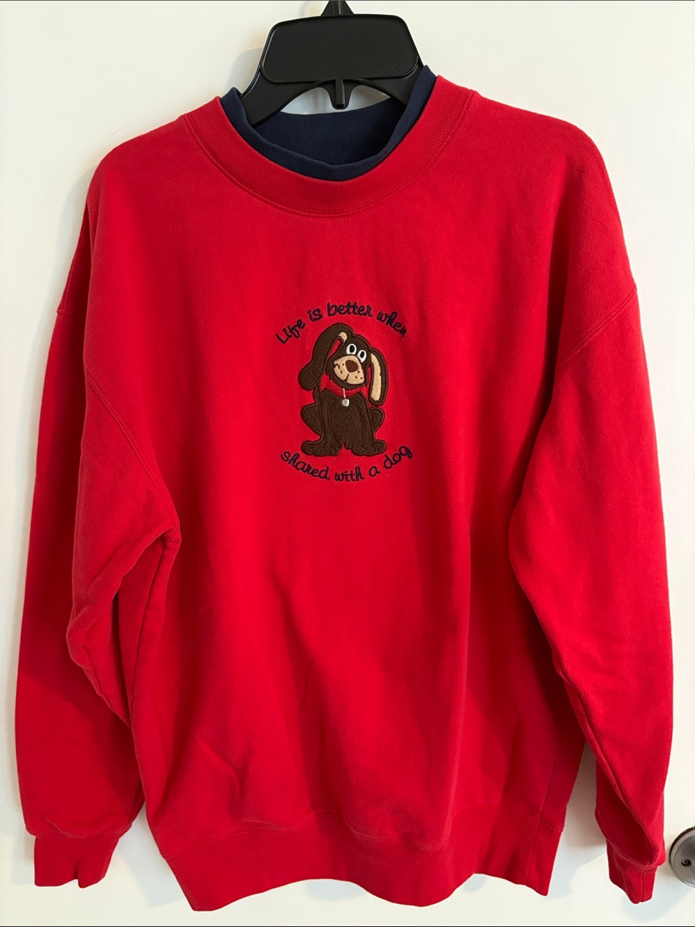 90’s Vintage Red Crewneck Sweater with Dog Embroidery